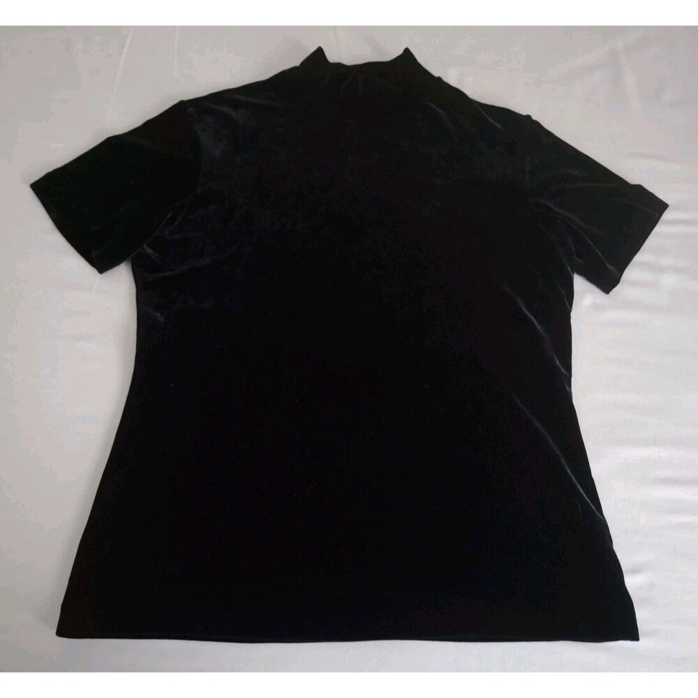 Vtg 90s Womens Black Velour Top Mock Neck Short Sleeve Harold's Size L EUC